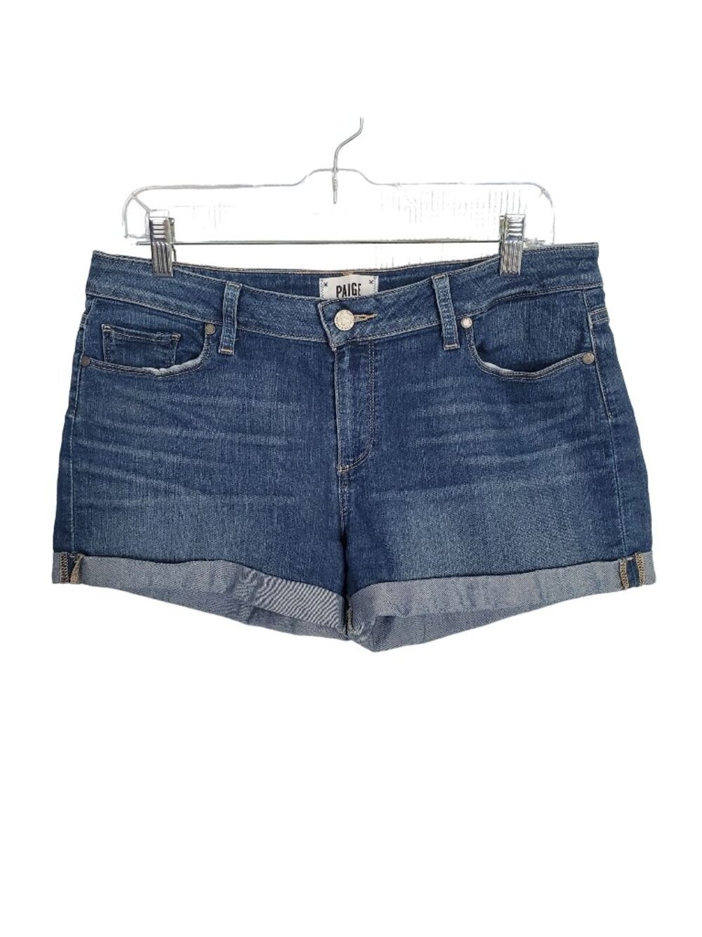 Paige Size 29 Jean Shorts Jimmie Jimmie Denim Stretch 3" Medium Wash Whiskers - Picture 1 of 11